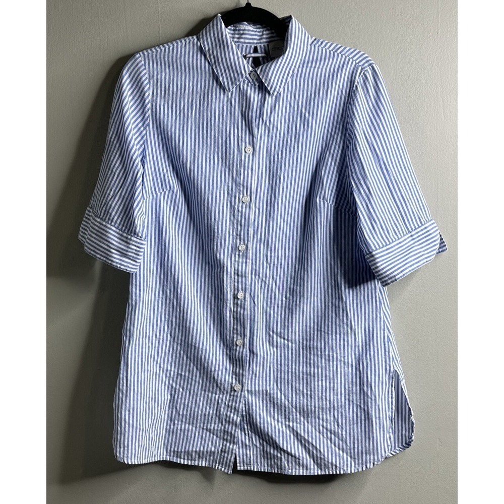 Chico's Button Up Shirt Blue White Stripe Cotton Criss Cross Back Pleated‎ Small